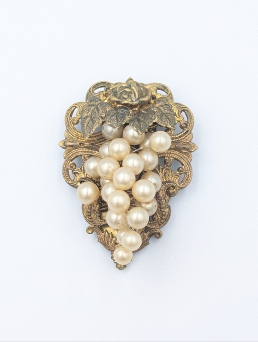 Antique Art Deco Faux Pearl Grape Cluster Dress Clip Brass Filigree